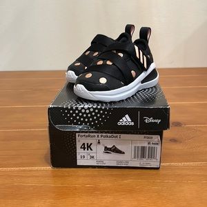Toddler size 4. Adidas Disney collection. Black with rose gold polka dots.